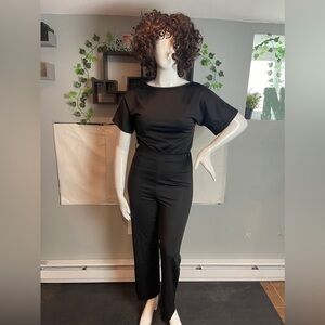 Fashion Solid Black Romper Straight Leg Pant Casual Loose Black Size M RefJ029‎